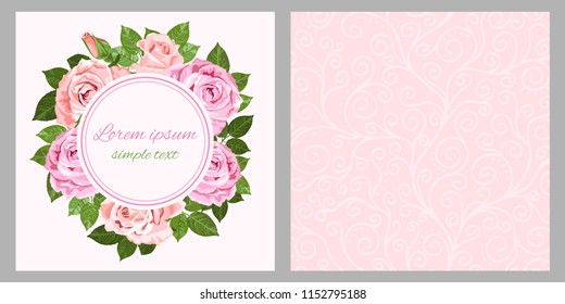 Floral vector wedding invitations with pink and beige roses wreath and round frame on the white background. Flower design for greeting card and envelope
