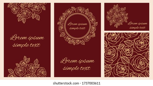Invitaciones de boda vectoriales florales, guardar la fecha, rsvp, agradecerle plantilla de tarjeta con rosales de contorno beige corona y espacio de copia. 