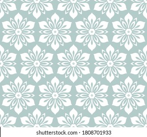 Floral vector white ornament. Seamless abstract classic background with flowers. Light blue and white pattern with repeating floral elements. Ornament for fabric, wallpaper and packaging