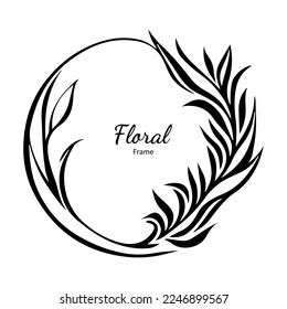 Floral vector wreath art deco ornate, black and white wedding circle border, frame, flourish nature motif