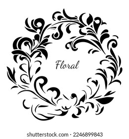 Floral vector wreath art deco ornate, black and white wedding circle border, frame, flourish nature motif