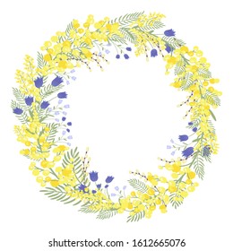 Floral vector wreath. Beautiful yellow, blue, lilac, green flowers and leaves, hand drawn illustration. Design for invitation, wedding, Easter, Mothers day, shower or new born greeting card.