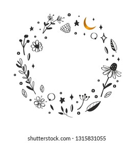 Floral vector wreath, frame. Hand drawn rustic botanical doddle elements. Nature concept illustration