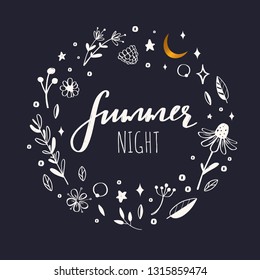 Floral vector wreath, frame. Hand drawn rustic botanical doddle elements. Nature concept Summer night