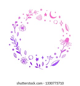 Floral vector wreath, frame. Hand drawn rustic botanical doddle elements. Nature concept illustration

