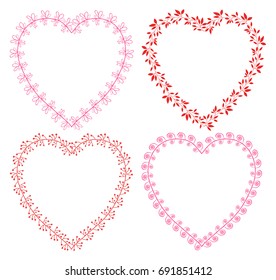 Floral vector wreath frames in the shape of hearts in pink and red colors for Valentines day, invitations and greeting cards