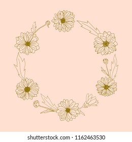 Floral vector wreath. Hand drawn chrysanthemum flowers, branches, leaves isolated.  Chrysanthemum Flower. Decor for design card, wedding invitation, greeting, textiles, fabric, clothing, linen, etc.  