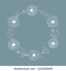 Floral vector wreath. Hand drawn chrysanthemum flowers, branches, leaves isolated.  Chrysanthemum Flower. Decor for design card, wedding invitation, greeting, textiles, fabric, clothing, linen, etc.  