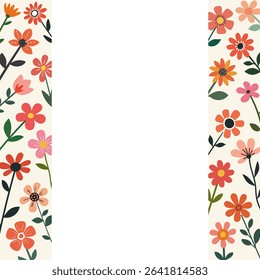 Floral vertical background with colorful spring flowers on both sides and empty space in the center. Cute hand-drawn style, perfect for greeting cards, invitations, or seasonal design.