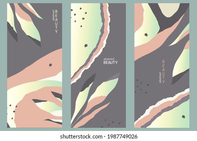Floral vertical backgrounds set with geometric shapes and leafs. Trendy, floral and elegant illustration in muted colors and gradients with pink, green, gray and white. Tropical style. Vectorized.