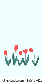 Floral vertical banner with place for inscription. Stylized different red Tulips isolated on a blue sky background. Flower background.  Vector illustration.