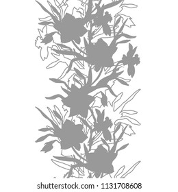 Floral vertical border with hand drawn flowers daffodils, narcissus. Monochrome floral elements on white background. Vector Illustration