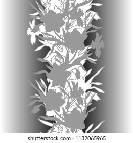 Floral vertical border with hand drawn flowers daffodils, narcissus. Monochrome floral elements on grey gradient background. Vector Illustration