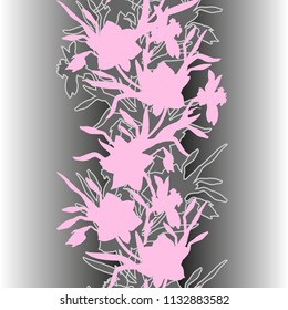 Floral vertical border with hand drawn flowers daffodils, narcissus. Pink silhouettes floral elements on grey gradient background. Vector Illustration