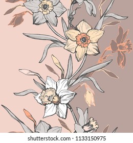 Floral vertical border with hand drawn flowers daffodils, narcissus. Monochrome floral elements on light brown background. Vector Illustration