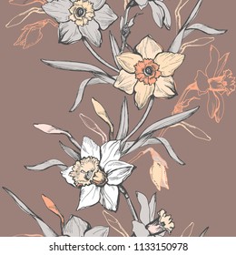 Floral vertical border with hand drawn flowers daffodils, narcissus. Monochrome floral elements on light brown background. Design for textile, fabric, wallpaper, packaging.Vector Illustration