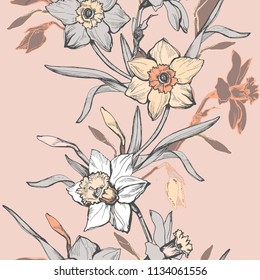 Floral vertical border with hand drawn flowers daffodils, narcissus. Grey floral elements on light brown background. Vector Illustration