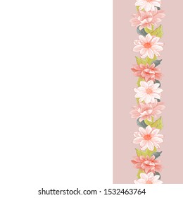 Floral vertical border with light pink dahlias and leaves on pink. Endless pattern brush. Design for your wedding, birthday, saving the date card, greeting card decoration. Vector.
