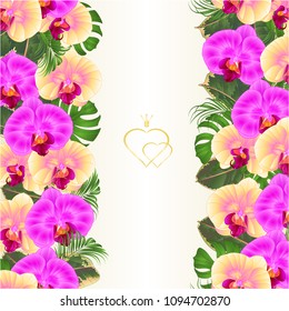 Floral vertical border seamless background bouquet with tropical flowers  floral arrangement, with beautiful yellow and purple orchids, palm,philodendron  vintage vector illustration  editable hand dr
