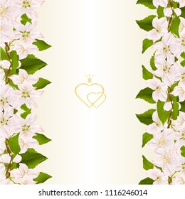 Floral vertical border seamless background with twig of apple tree with flowers vintage vector illustration for use in interior design, artwork, dishes, clothing, packaging, greeting cards  editable 