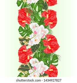 Floral vertical border seamless background bouquet with tropical flowers  floral arrangement, with beautiful white orchids ,lili, palm,philodendron  vintage vector illustration  editable hand draw 