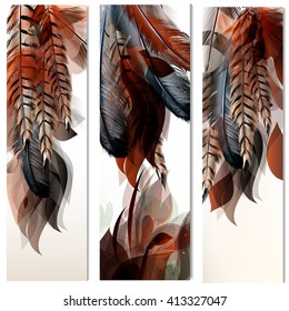 Floral vertical brochures set with hand drawn feathers in realistic style