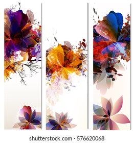 Floral vertical brochures set with leafs painted in watercolor style by spots