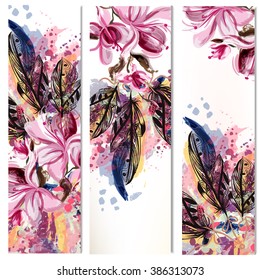 Floral vertical brochures set with magnolia flowers and feathers  painted in watercolor style by spots