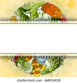 Floral vertical frame for banner. Boho style pattern with female faces, leaves, waves, flowers. Abstract vector design.