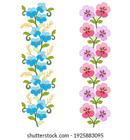 Floral vertical ornament, continuous border of blue forget-me-nots, yellow twigs,purple and pink geranium, stylized, hand drawn, for embroidery of folk costume, for wedding invitations and cards