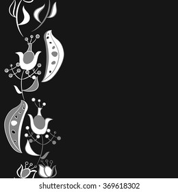 Floral vertical pattern, doodles,  branches, leaves, spots, seamless. Hand drawn.