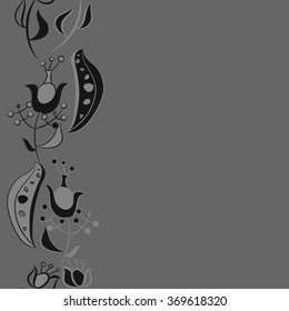 Floral vertical pattern, doodles,  branches, leaves, spots, seamless. Hand drawn.