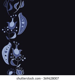 Floral vertical pattern, doodles,  branches, leaves, spots, seamless. Hand drawn.