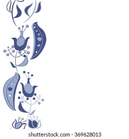 Floral vertical pattern, doodles,  branches, leaves, spots, seamless. Hand drawn.