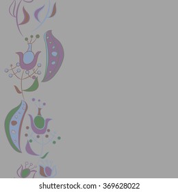 Floral vertical pattern, doodles,  branches, leaves, spots, seamless. Hand drawn.