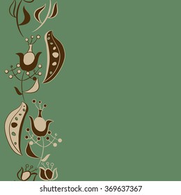 Floral vertical pattern, doodles,  branches, leaves, spots, seamless. Hand drawn.