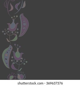Floral vertical pattern, doodles,  branches, leaves, spots, seamless. Hand drawn.