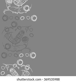 Floral vertical pattern, doodles,bagels, bird, branches, leaves, seamless . Hand drawn, folklore.