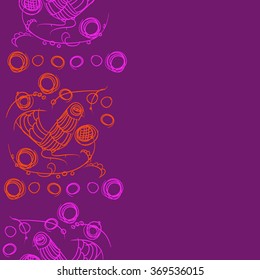 Floral vertical pattern, doodles,bagels, bird, branches, leaves, seamless . Hand drawn, folklore.