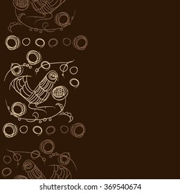 Floral vertical pattern, doodles,bagels, bird, branches, leaves, seamless . Hand drawn, folklore.
