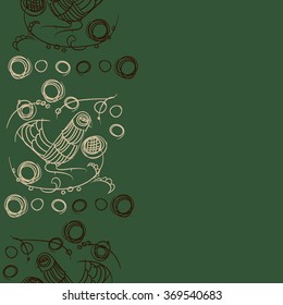 Floral vertical pattern, doodles,bagels, bird, branches, leaves, seamless . Hand drawn, folklore.