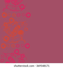 Floral vertical pattern, doodles,bagels, bird, branches, leaves, seamless . Hand drawn, folklore.