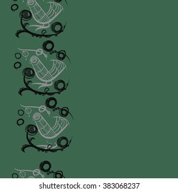 Floral vertical pattern, doodles,bagels, bird, branches, leaves, seamless, copy space . Hand drawn.