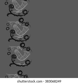 Floral vertical pattern, doodles,bagels, bird, branches, leaves, seamless, copy space . Hand drawn.