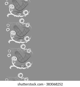 Floral vertical pattern, doodles,bagels, bird, branches, leaves, seamless, copy space . Hand drawn.