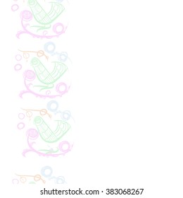 Floral vertical pattern, doodles,bagels, bird, branches, leaves, seamless, copy space . Hand drawn.