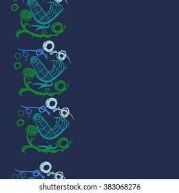 Floral vertical pattern, doodles,bagels, bird, branches, leaves, seamless, copy space . Hand drawn.
