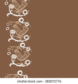 Floral vertical pattern, doodles,bagels, bird, branches, leaves, seamless, copy space . Hand drawn.