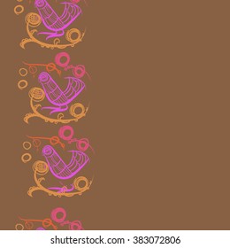 Floral vertical pattern, doodles,bagels, bird, branches, leaves, seamless, copy space . Hand drawn.