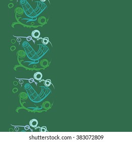 Floral vertical pattern, doodles,bagels, bird, branches, leaves, seamless, copy space . Hand drawn.